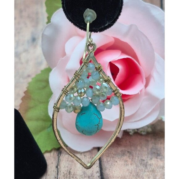 Gold Tone & Faux Turquoise Teardrop Earrings Hook Clasps Faceted Beads Statement - Picture 4 of 7